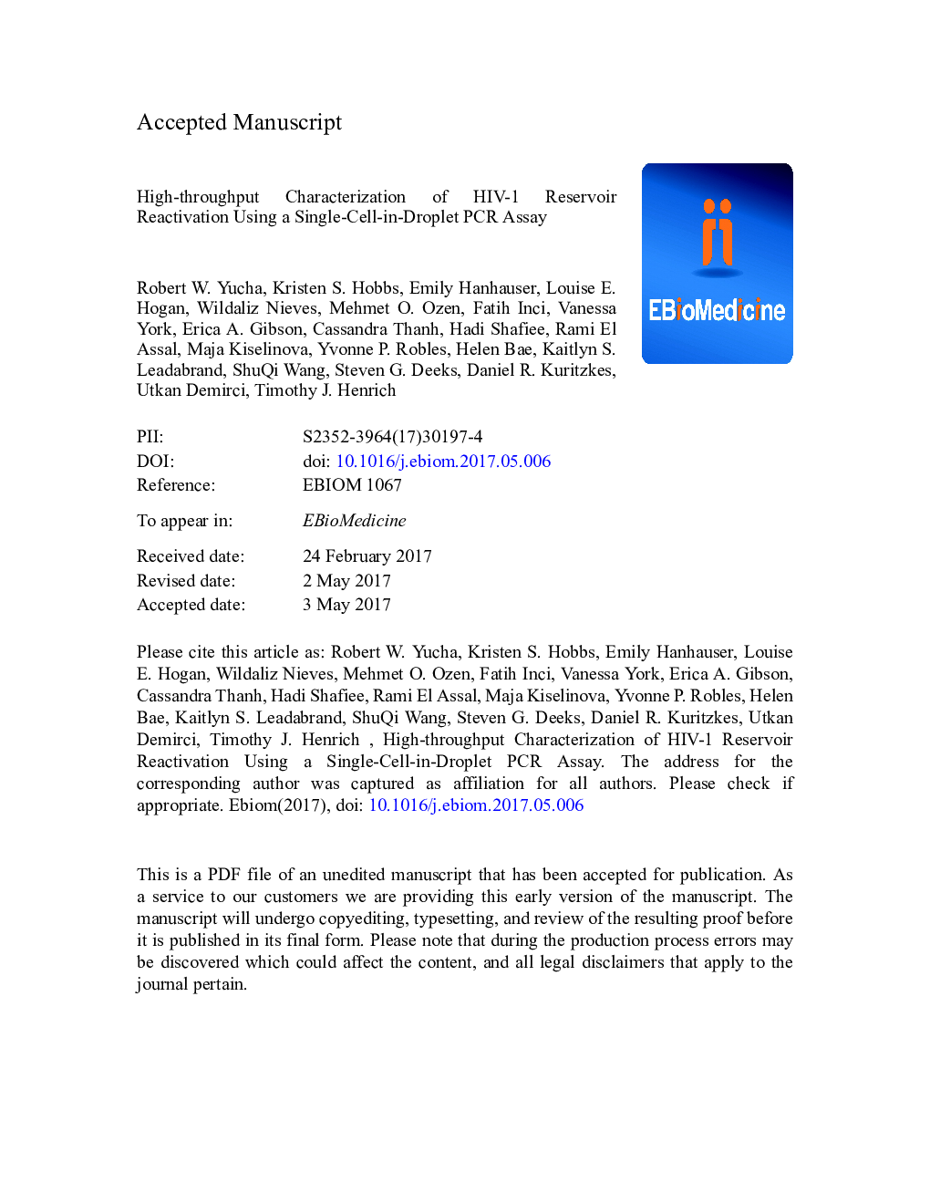 High-throughput Characterization of HIV-1 Reservoir Reactivation Using a Single-Cell-in-Droplet PCR Assay