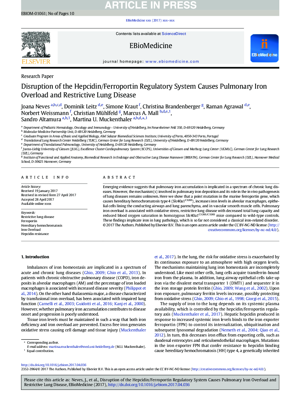 Disruption of the Hepcidin/Ferroportin Regulatory System Causes Pulmonary Iron Overload and Restrictive Lung Disease