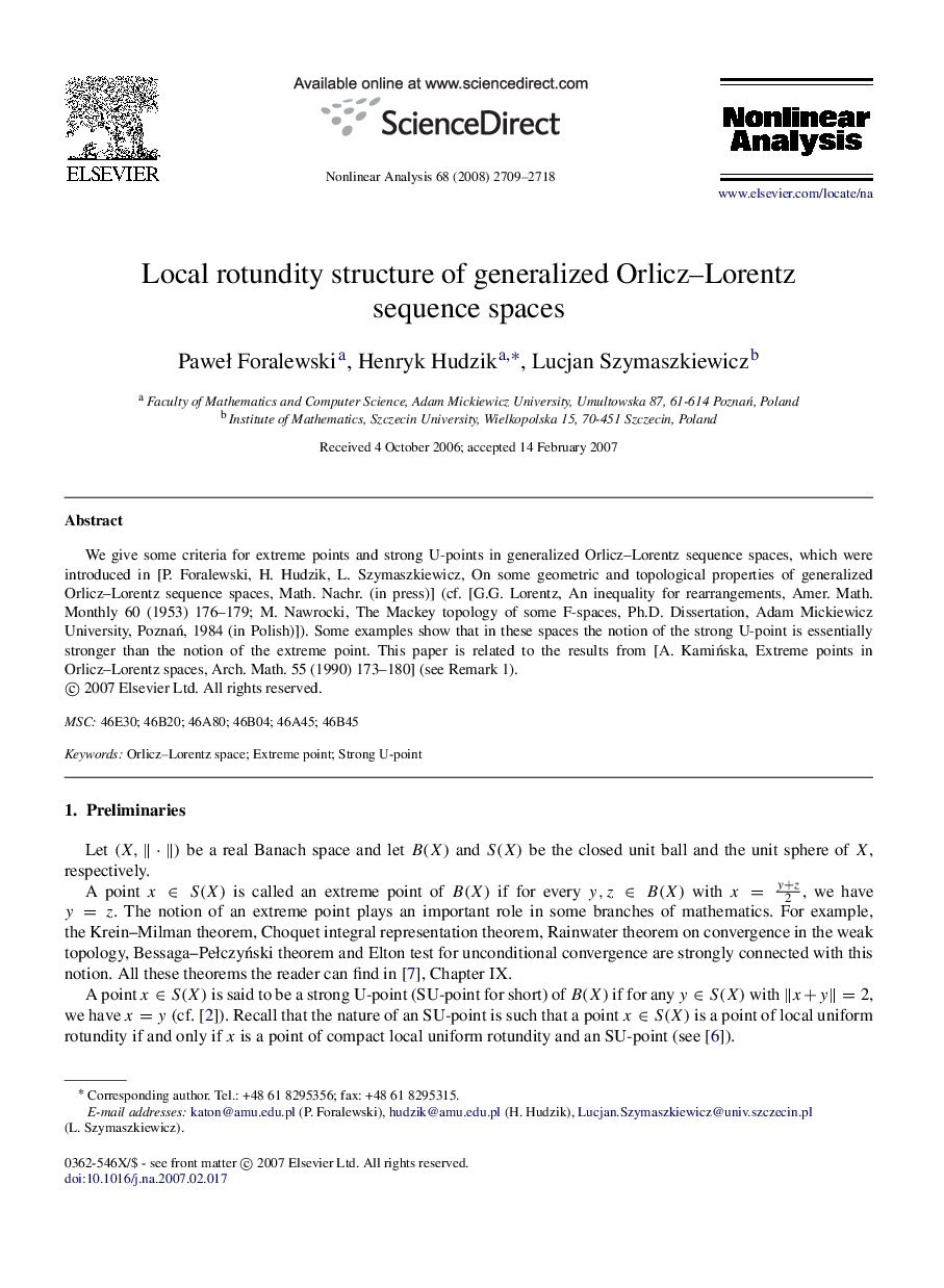 Local rotundity structure of generalized Orlicz–Lorentz sequence spaces