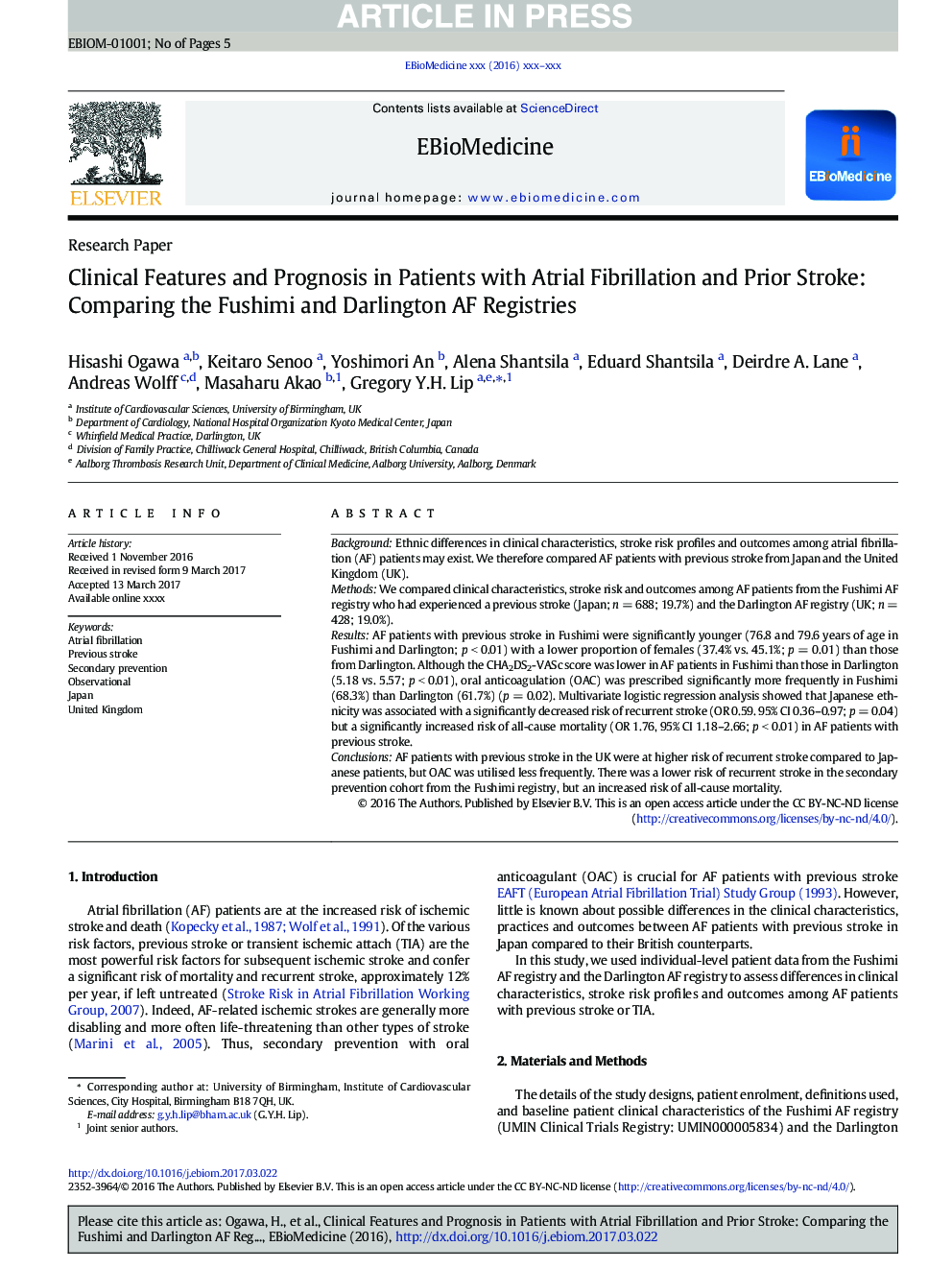 Clinical Features and Prognosis in Patients with Atrial Fibrillation and Prior Stroke: Comparing the Fushimi and Darlington AF Registries