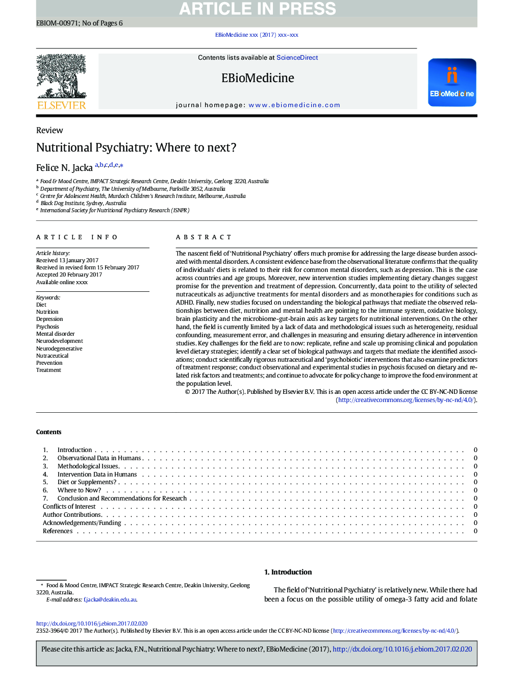 Nutritional Psychiatry: Where to Next?