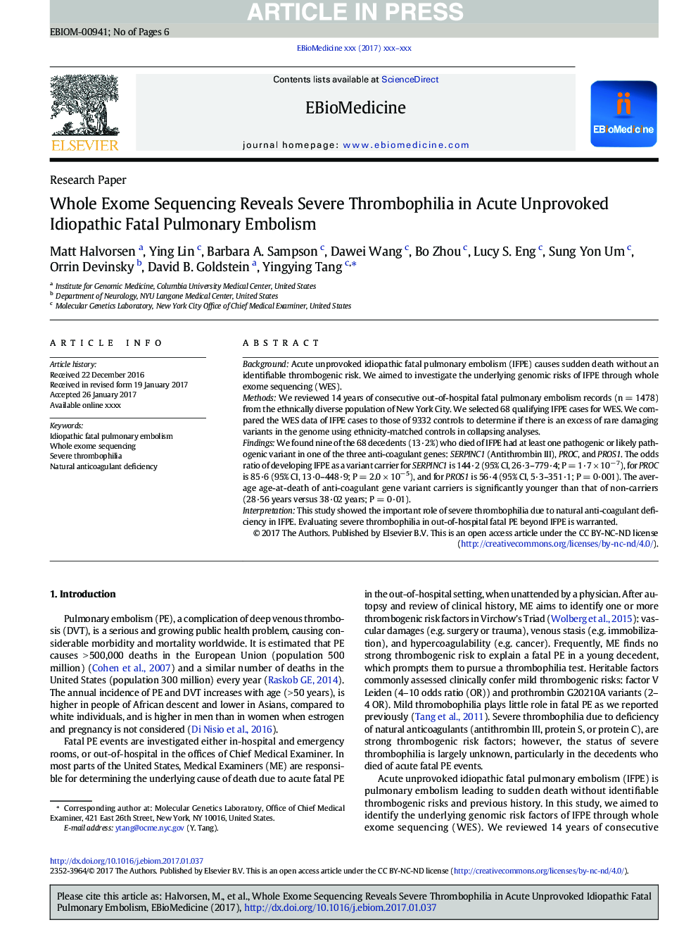 Whole Exome Sequencing Reveals Severe Thrombophilia in Acute Unprovoked Idiopathic Fatal Pulmonary Embolism