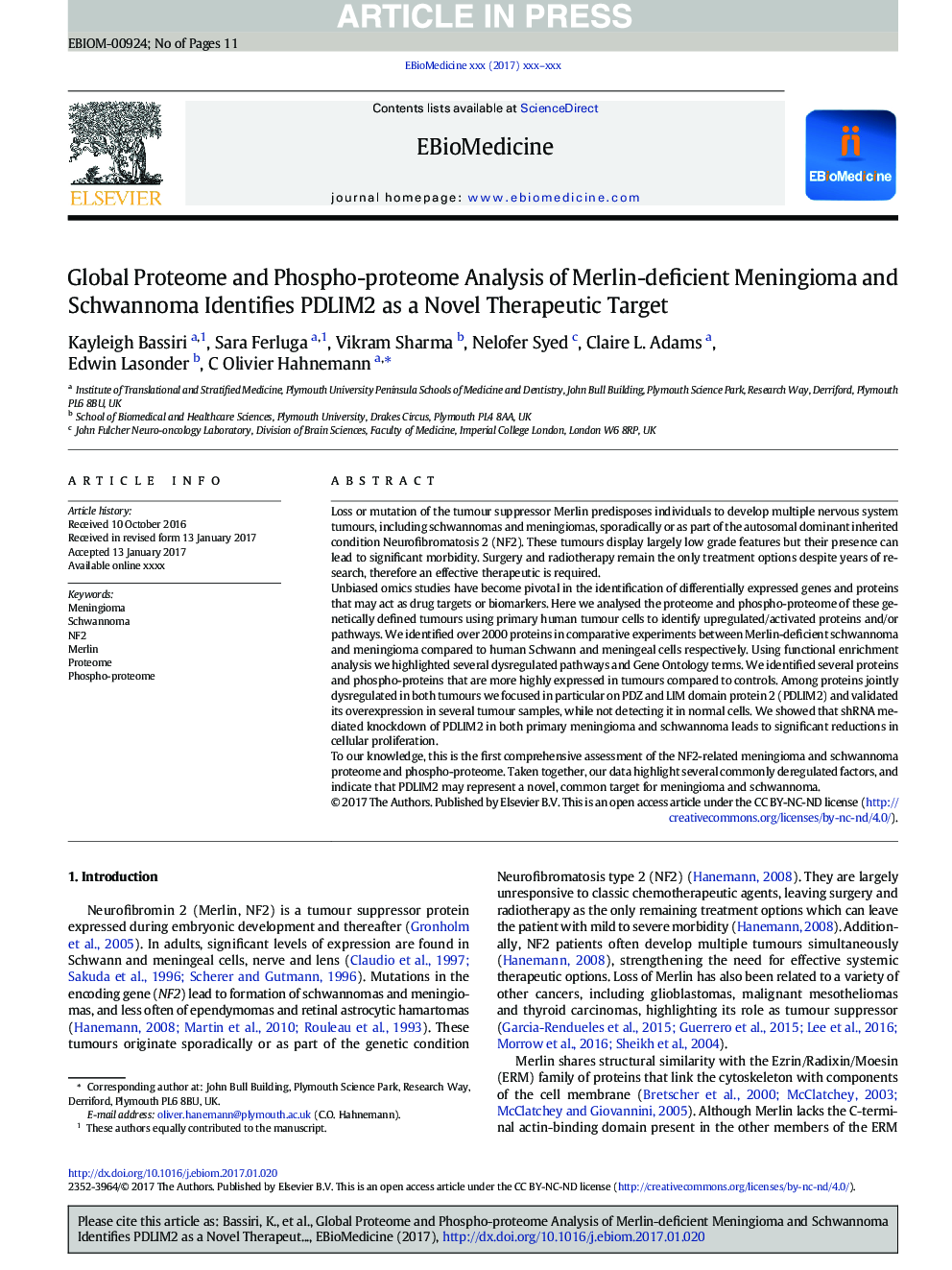 Global Proteome and Phospho-proteome Analysis of Merlin-deficient Meningioma and Schwannoma Identifies PDLIM2 as a Novel Therapeutic Target