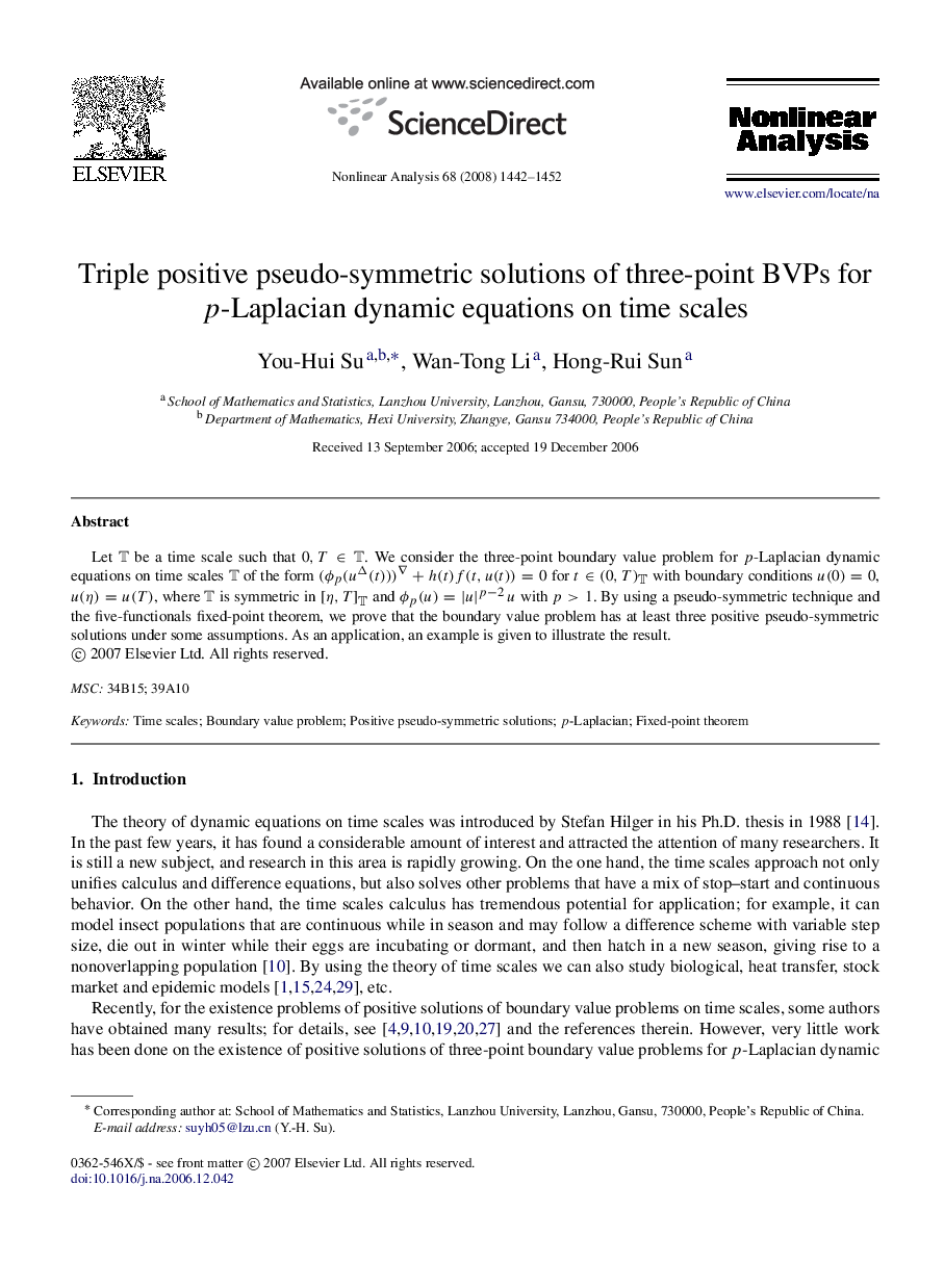Triple positive pseudo-symmetric solutions of three-point BVPs for p-Laplacian dynamic equations on time scales