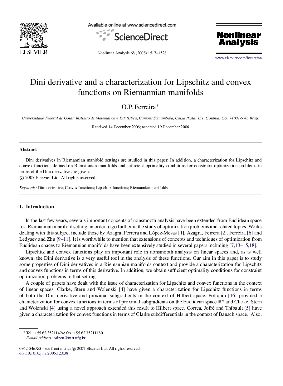 Dini derivative and a characterization for Lipschitz and convex functions on Riemannian manifolds