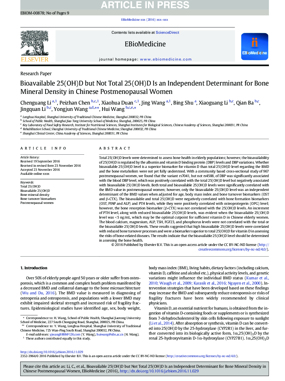 Bioavailable 25(OH)D but Not Total 25(OH)D Is an Independent Determinant for Bone Mineral Density in Chinese Postmenopausal Women