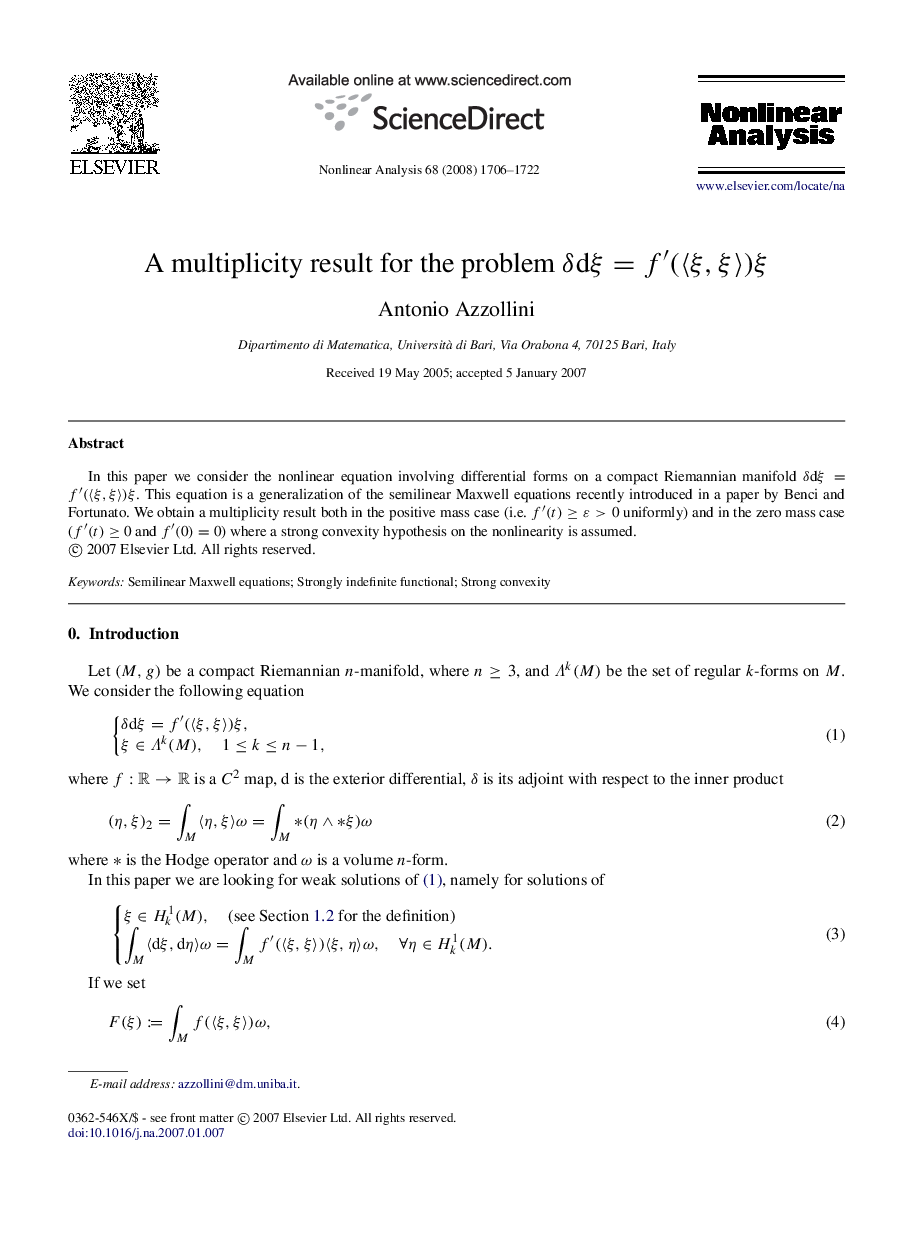 A multiplicity result for the problem δdξ=f′(〈ξ,ξ〉)ξ