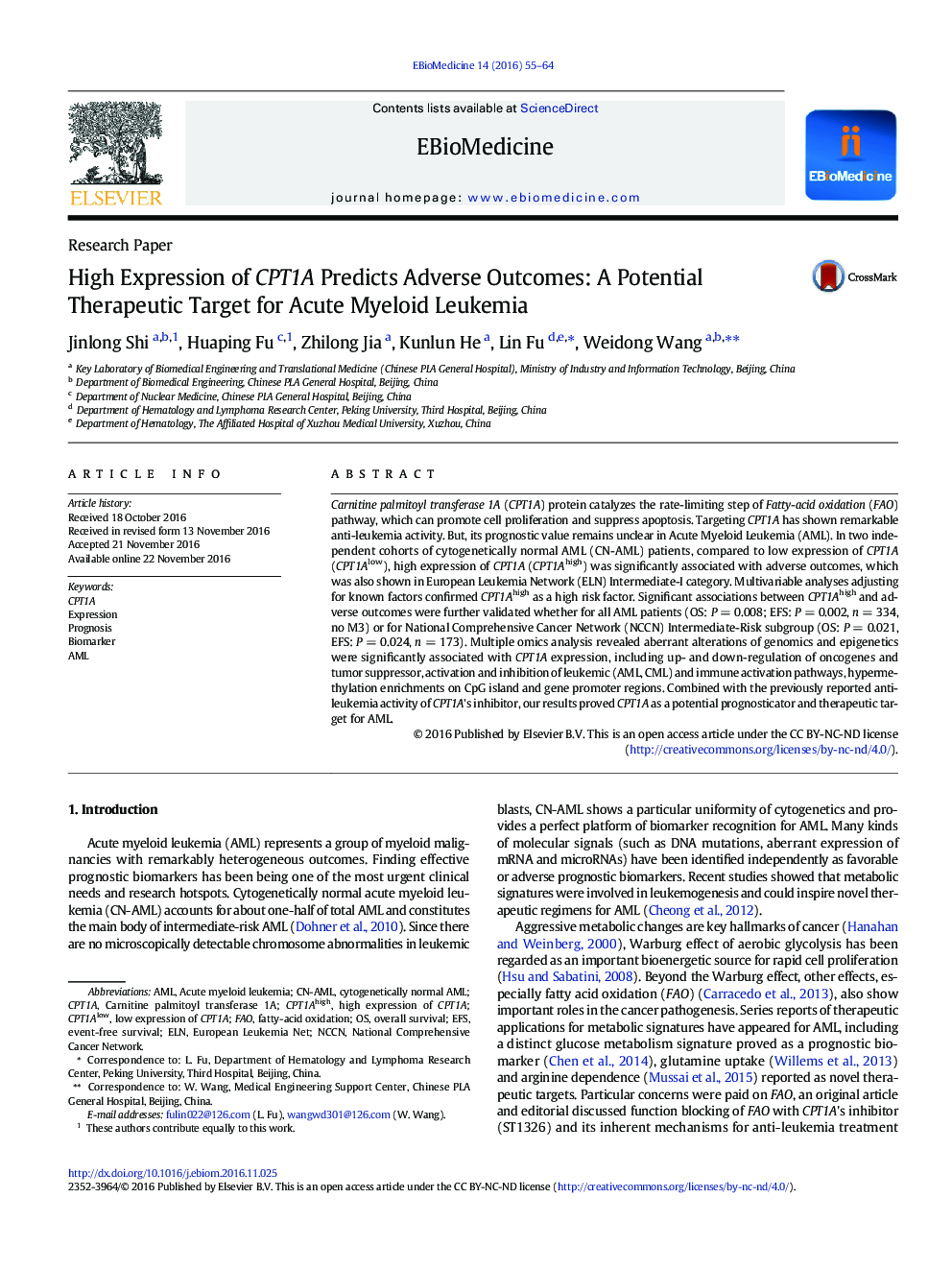 High Expression of CPT1A Predicts Adverse Outcomes: A Potential Therapeutic Target for Acute Myeloid Leukemia