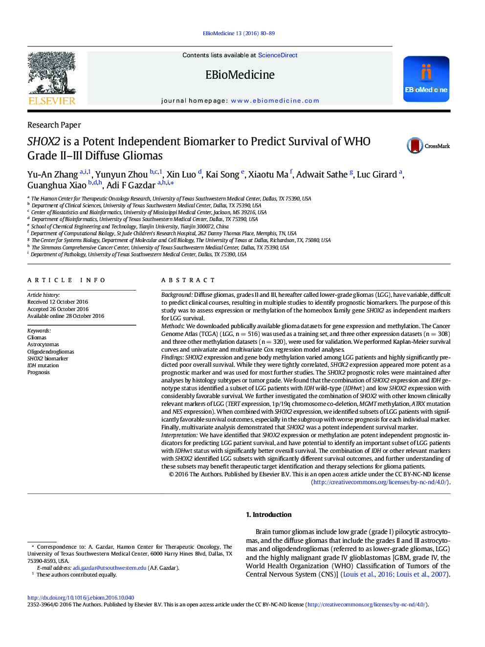 SHOX2 is a Potent Independent Biomarker to Predict Survival of WHO Grade II-III Diffuse Gliomas