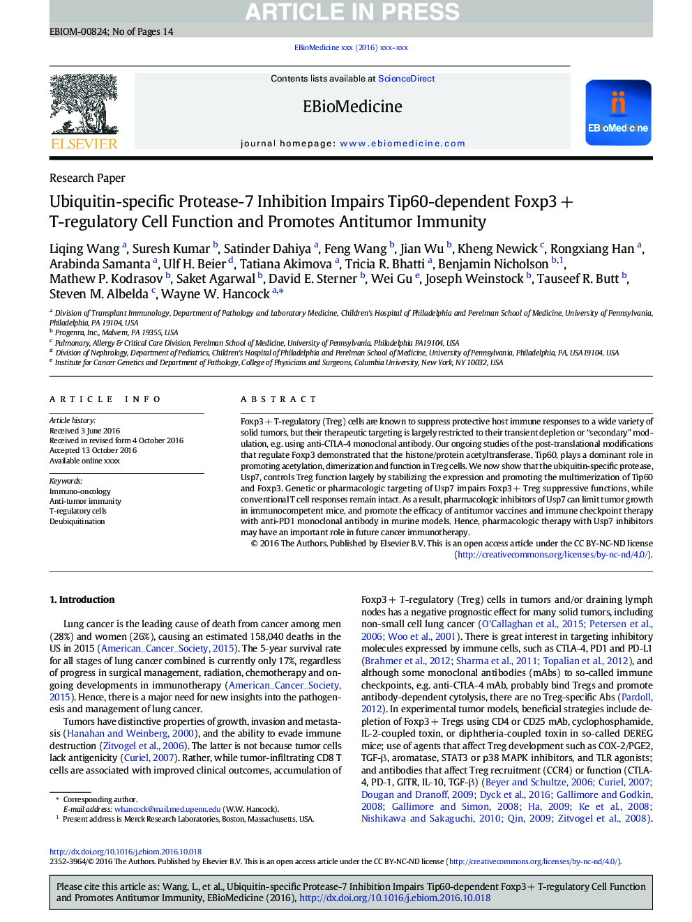 Ubiquitin-specific Protease-7 Inhibition Impairs Tip60-dependent Foxp3Â + T-regulatory Cell Function and Promotes Antitumor Immunity