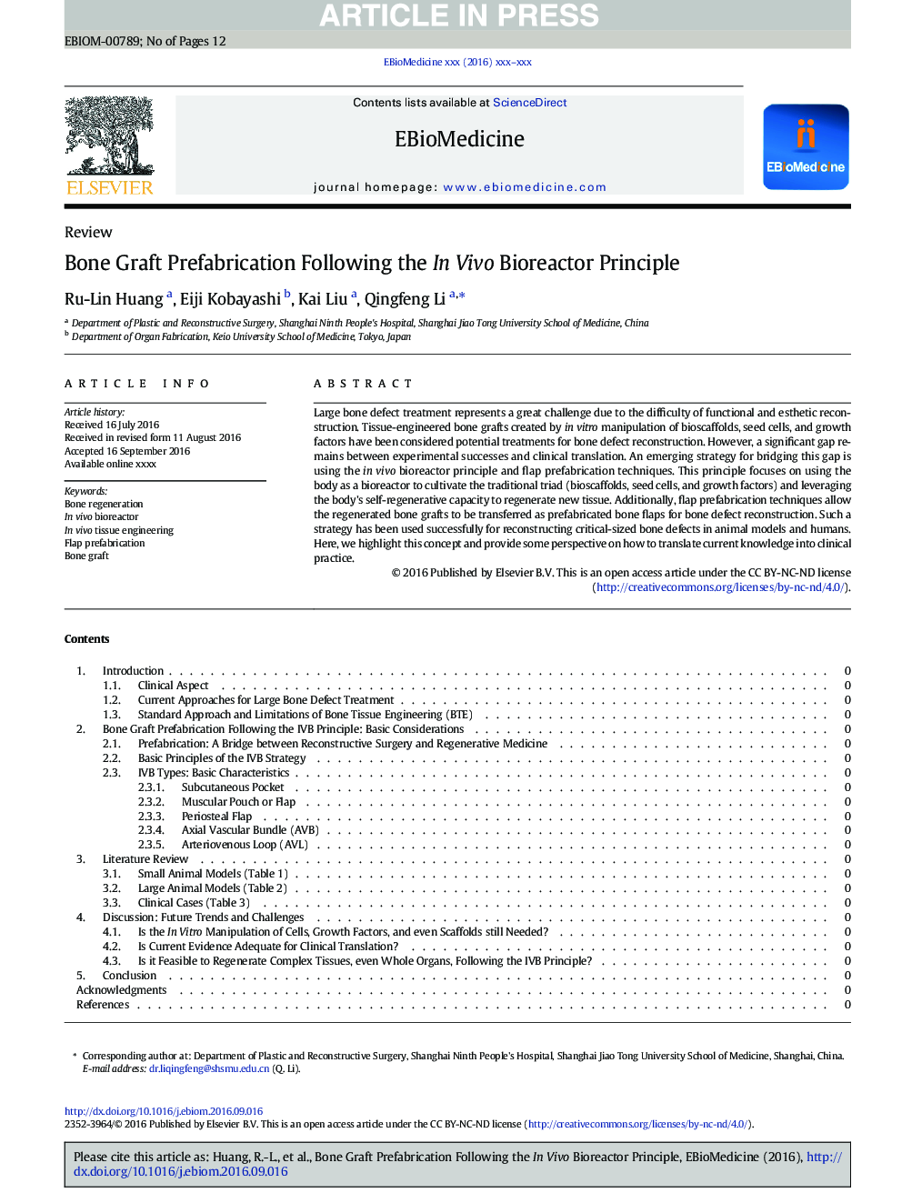 Bone Graft Prefabrication Following the In Vivo Bioreactor Principle