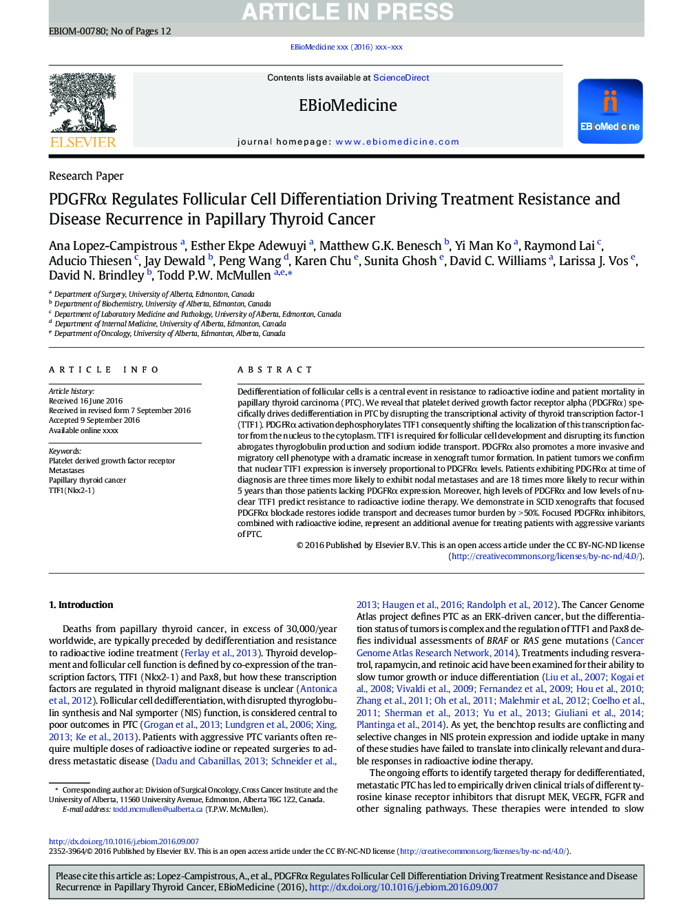 PDGFRÎ± Regulates Follicular Cell Differentiation Driving Treatment Resistance and Disease Recurrence in Papillary Thyroid Cancer