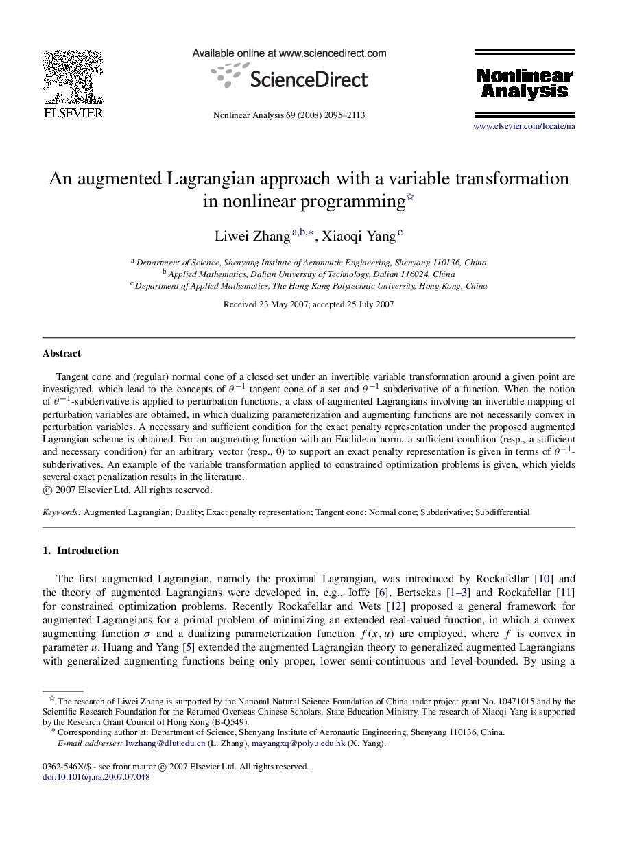 An augmented Lagrangian approach with a variable transformation in nonlinear programming 