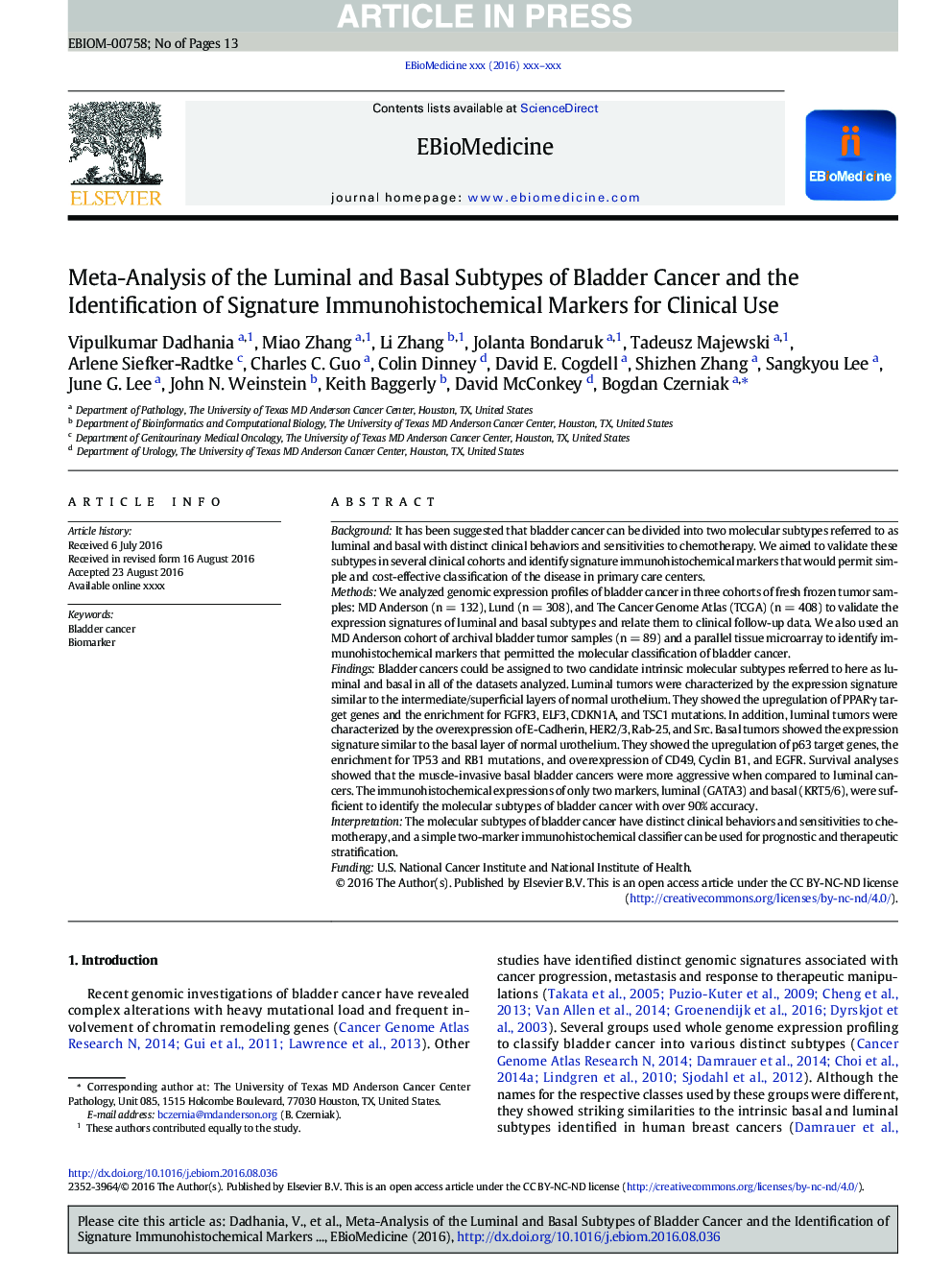 Meta-Analysis of the Luminal and Basal Subtypes of Bladder Cancer and the Identification of Signature Immunohistochemical Markers for Clinical Use