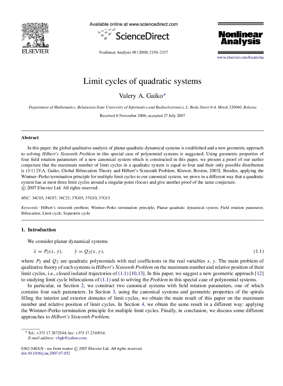 Limit cycles of quadratic systems