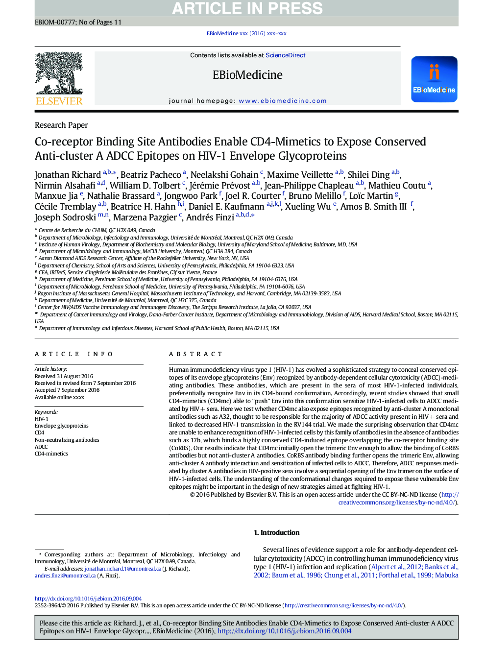 Co-receptor Binding Site Antibodies Enable CD4-Mimetics to Expose Conserved Anti-cluster A ADCC Epitopes on HIV-1 Envelope Glycoproteins