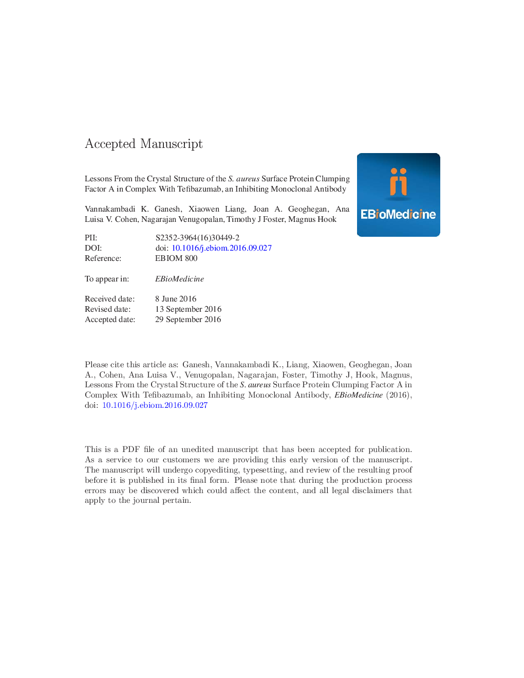 عکس صفحه اول مقاله: Lessons from the Crystal Structure of the S. aureus Surface Protein Clumping Factor A in Complex With Tefibazumab, an Inhibiting Monoclonal Antibody Lessons from the Crystal Structure of the S. aureus Surface Protein Clumping Factor A in Complex With Tefibazumab, an Inhibiting Monoclonal Antibody
