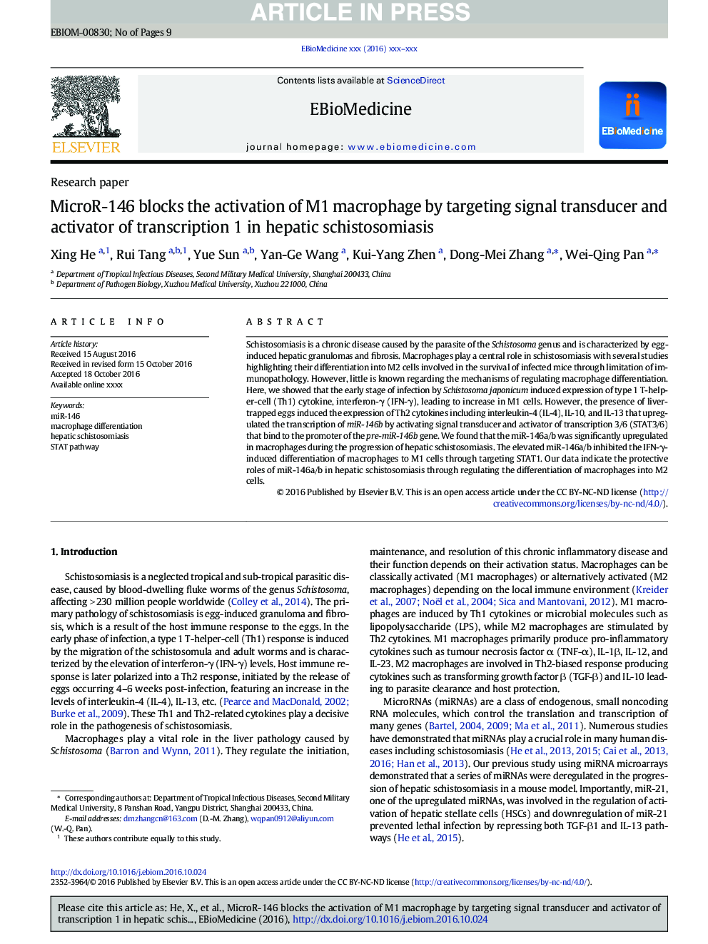 MicroR-146 blocks the activation of M1 macrophage by targeting signal transducer and activator of transcription 1 in hepatic schistosomiasis