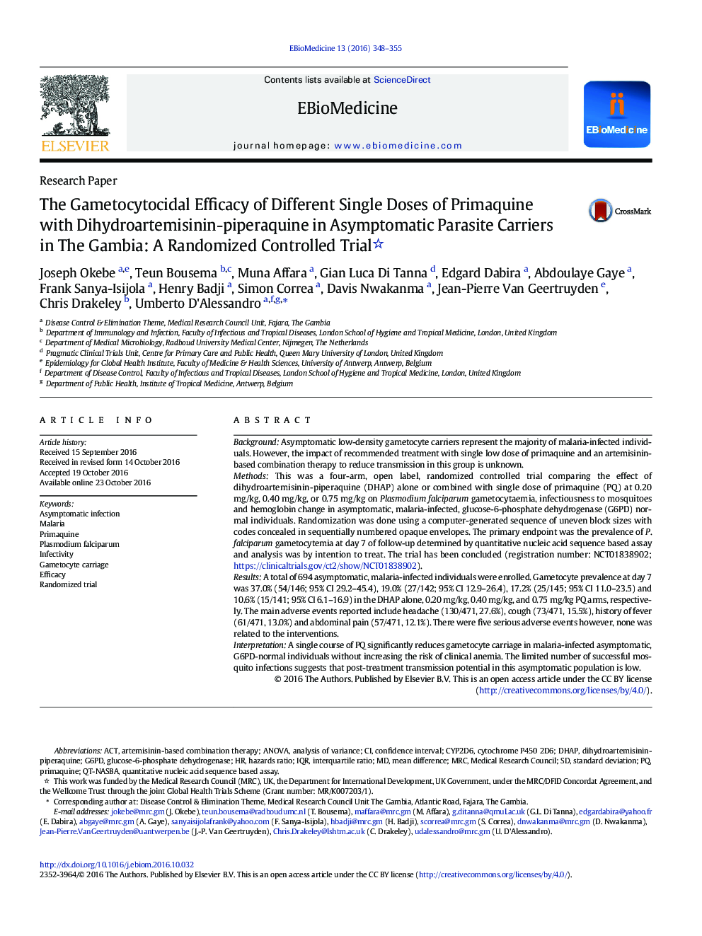 اثرات گامتوسیتوسیدز دوزهای مختلف پریموچین با دی هیدروترمیزینین-پیپرآکین در حاملهای انگلی بدون علامت در گامبیا: یک آزمایش کنترل شده تصادفی 