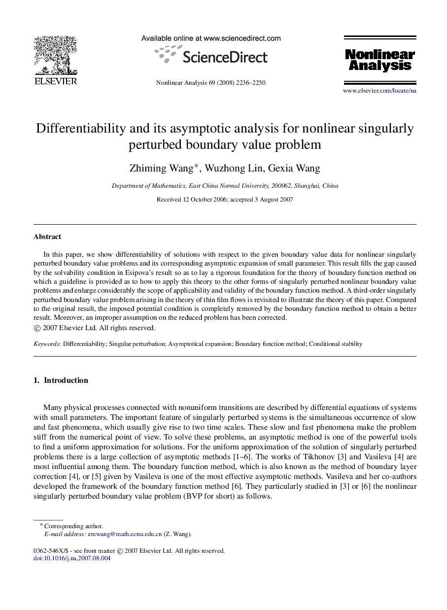 Differentiability and its asymptotic analysis for nonlinear singularly perturbed boundary value problem