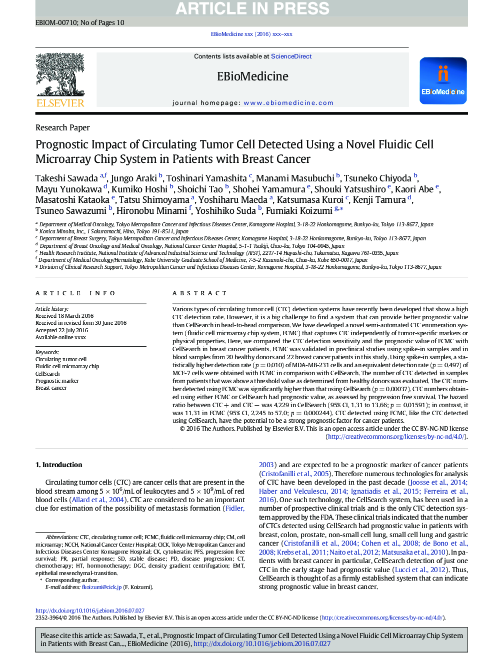 Prognostic Impact of Circulating Tumor Cell Detected Using a Novel Fluidic Cell Microarray Chip System in Patients with Breast Cancer