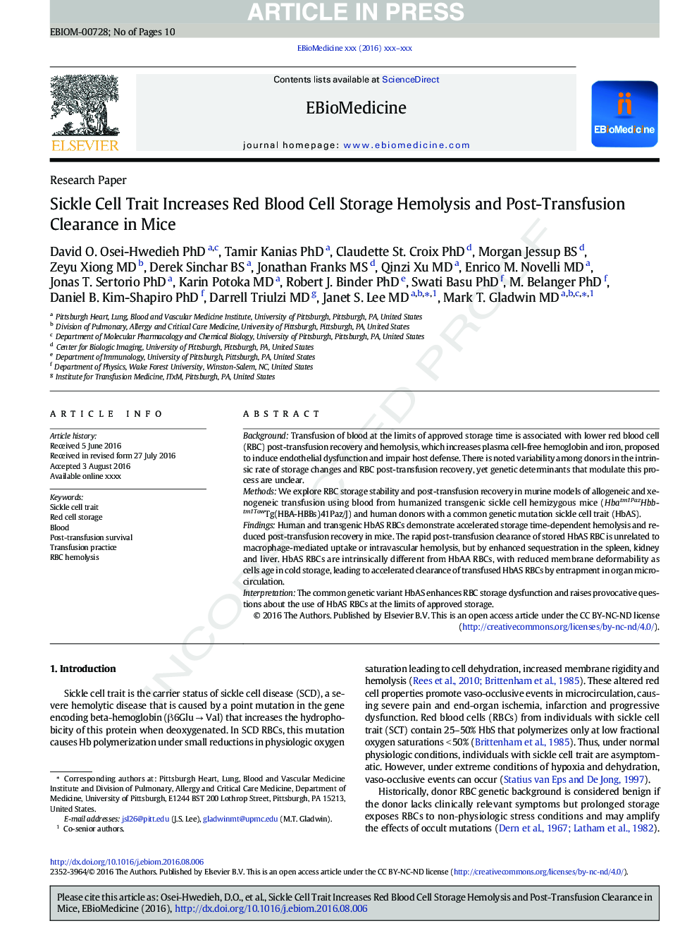 Sickle Cell Trait Increases Red Blood Cell Storage Hemolysis and Post-Transfusion Clearance in Mice