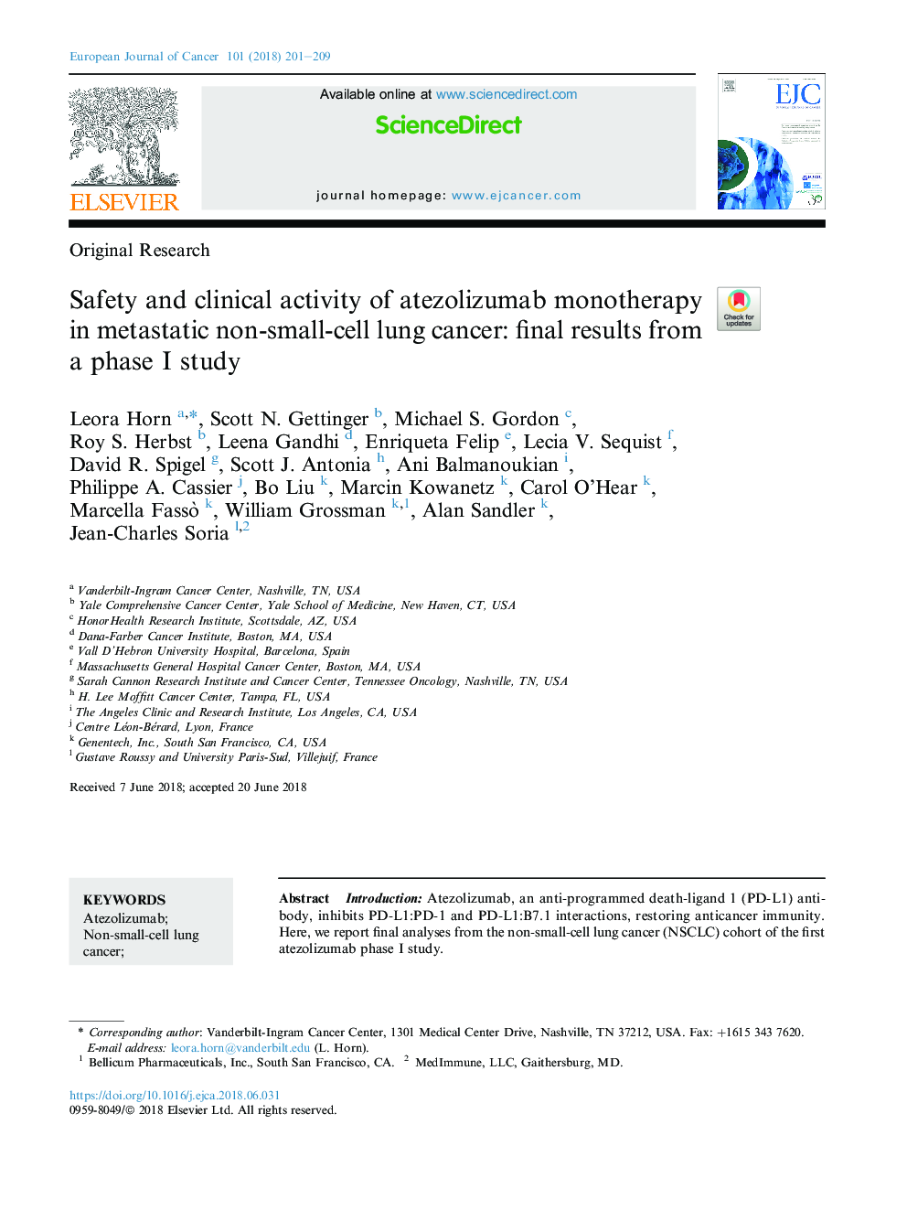 Safety and clinical activity of atezolizumab monotherapy in metastatic non-small-cell lung cancer: final results from a phase I study