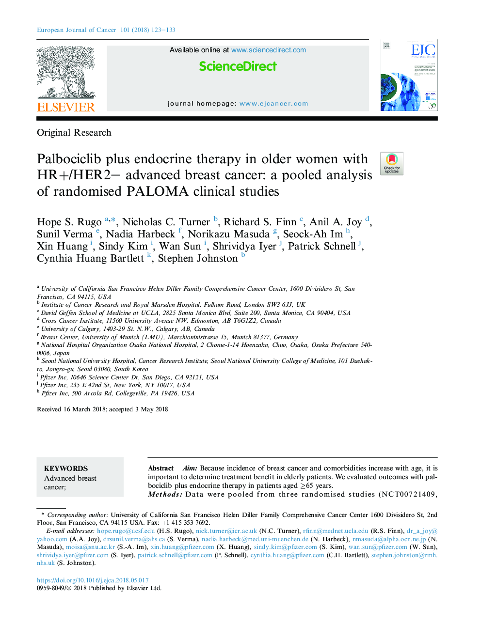 Palbociclib plus endocrine therapy in older women with HR+/HER2- advanced breast cancer: a pooled analysis of randomised PALOMA clinical studies