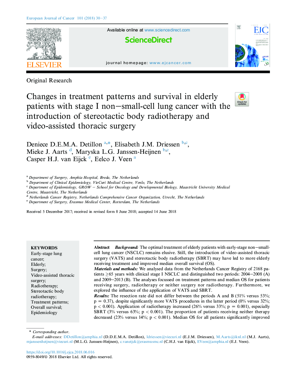 Changes in treatment patterns and survival in elderly patients with stage I non-small-cell lung cancer with the introduction of stereotactic body radiotherapy and video-assisted thoracic surgery