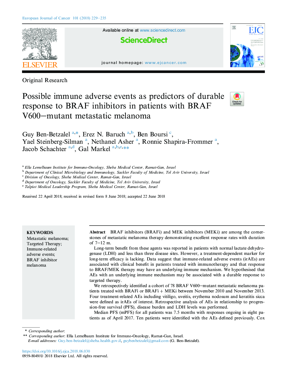 Possible immune adverse events as predictors of durable response to BRAF inhibitors in patients with BRAF V600-mutant metastatic melanoma