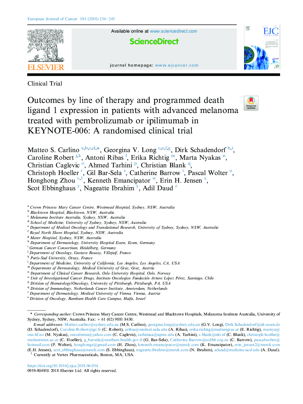 Outcomes by line of therapy and programmed death ligand 1 expression in patients with advanced melanoma treated with pembrolizumab or ipilimumab in KEYNOTE-006: A randomised clinical trial