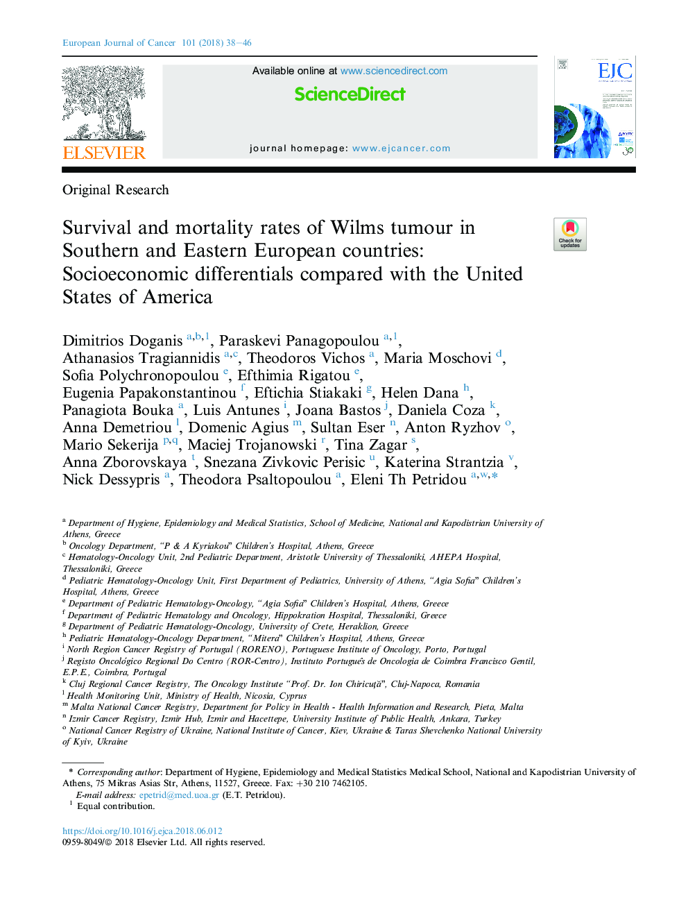 Survival and mortality rates of Wilms tumour in Southern and Eastern European countries: Socioeconomic differentials compared with the United States of America