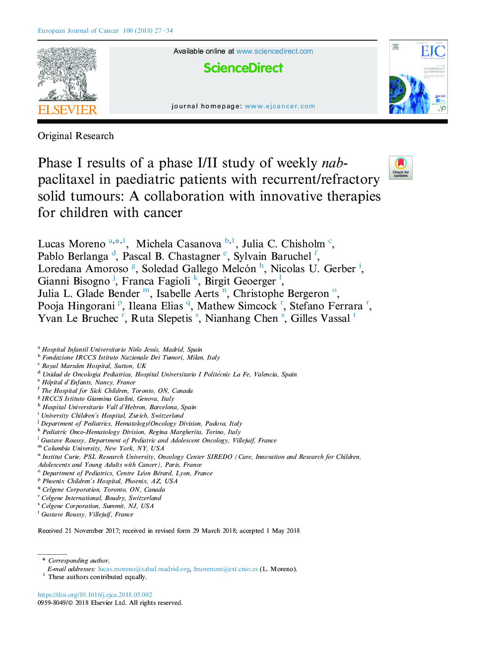 Phase I results of a phase I/II study of weekly nab-paclitaxel in paediatric patients with recurrent/refractory solid tumours: A collaboration with innovative therapies for children with cancer
