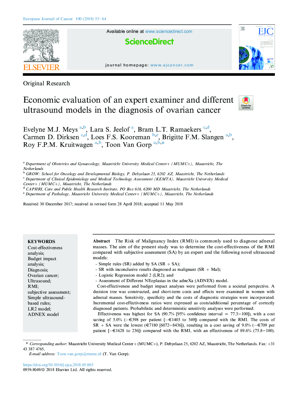 Economic evaluation of an expert examiner and different ultrasound models in the diagnosis of ovarian cancer