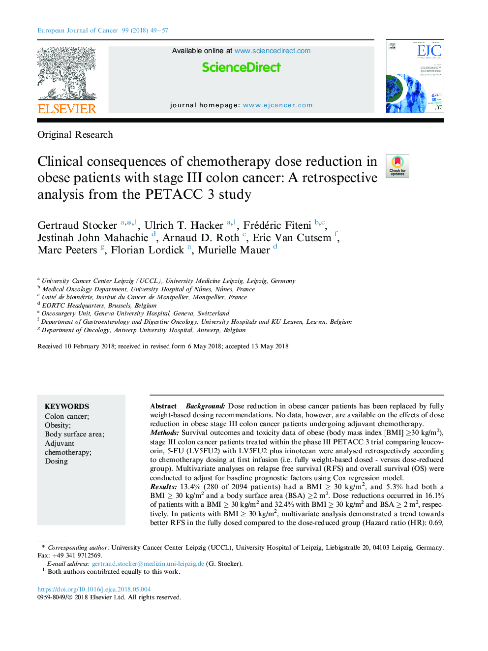 Clinical consequences of chemotherapy dose reduction in obese patients with stage III colon cancer: A retrospective analysis from the PETACC 3 study