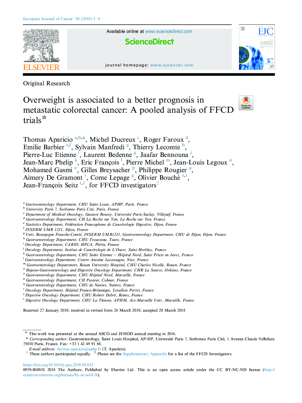 Overweight is associated to a better prognosis in metastatic colorectal cancer: A pooled analysis of FFCD trials