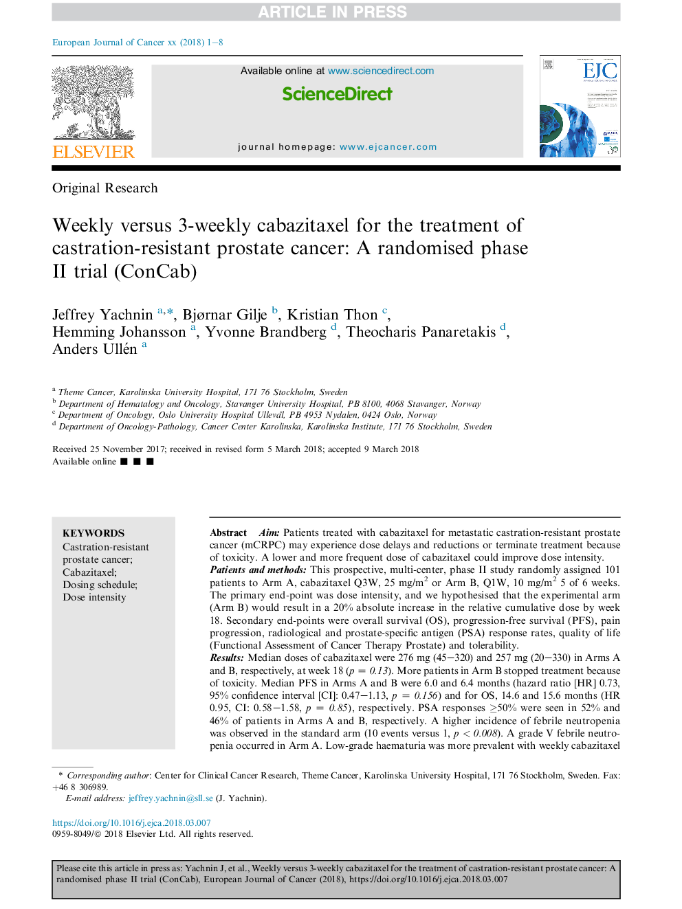 Weekly versus 3-weekly cabazitaxel for the treatment of castration-resistant prostate cancer: A randomised phase II trial (ConCab)