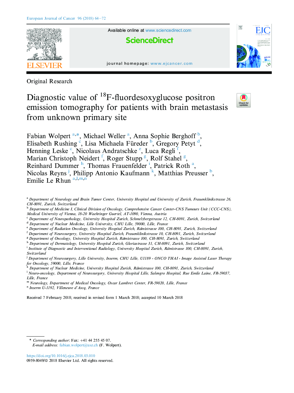 Diagnostic value of 18F-fluordesoxyglucose positron emission tomography for patients with brain metastasis from unknown primary site