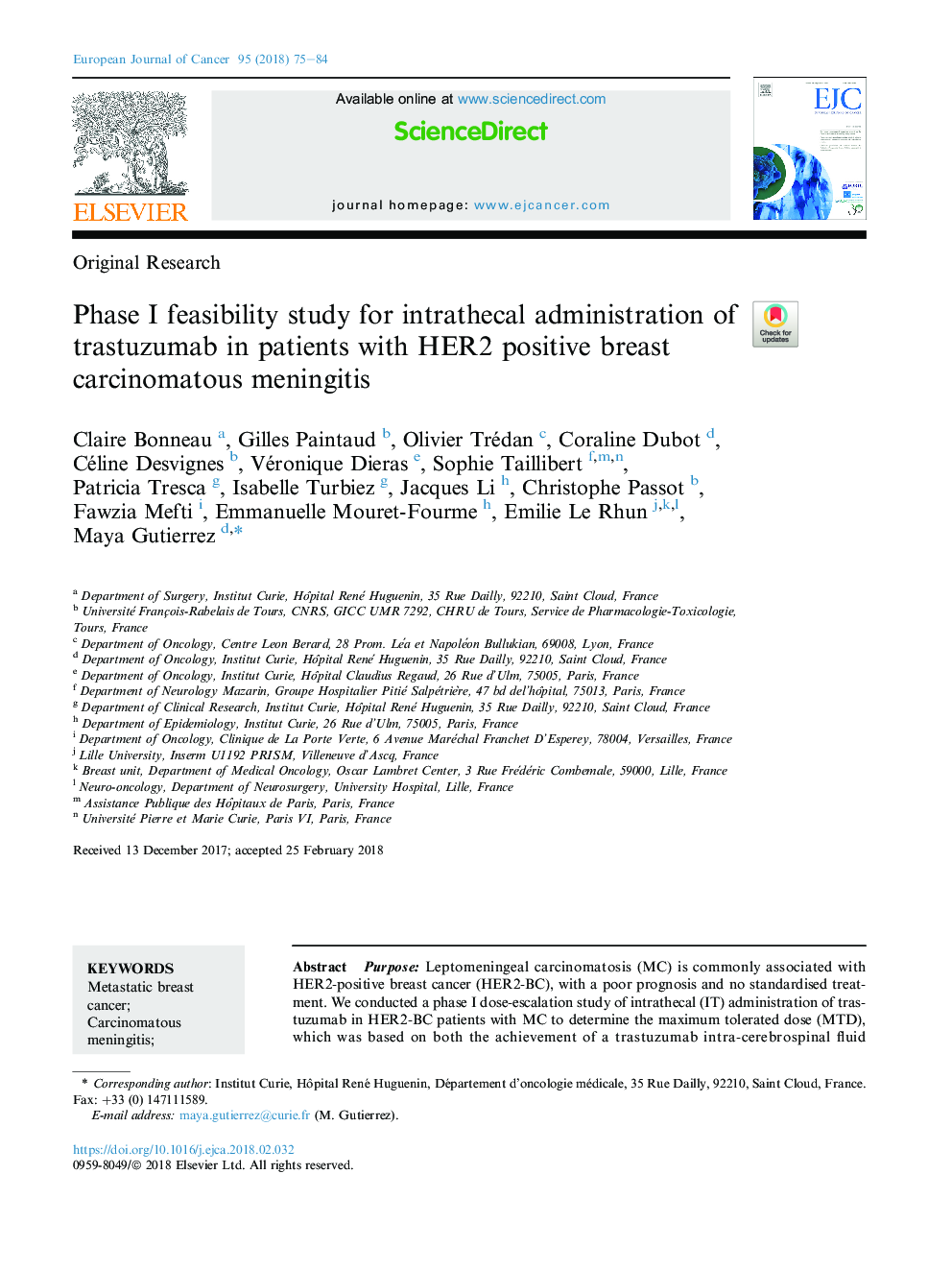 Phase I feasibility study for intrathecal administration of trastuzumab in patients with HER2 positive breast carcinomatous meningitis