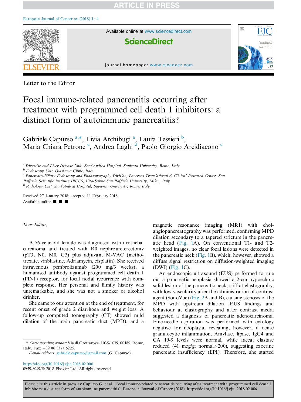 Focal immune-related pancreatitis occurring after treatment with programmed cell death 1 inhibitors: a distinct form of autoimmune pancreatitis?