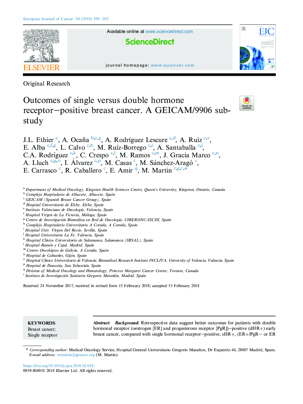 عکس صفحه اول مقاله: Outcomes of single versus double hormone receptor-positive breast cancer. A GEICAM/9906 sub-study Outcomes of single versus double hormone receptor-positive breast cancer. A GEICAM/9906 sub-study