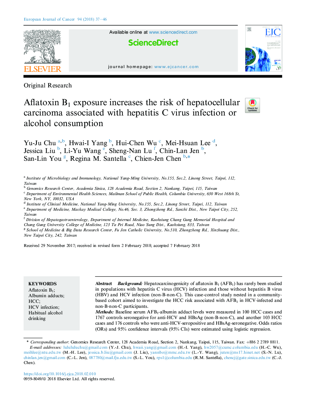 Aflatoxin B1 exposure increases the risk of hepatocellular carcinoma associated with hepatitis C virus infection or alcohol consumption