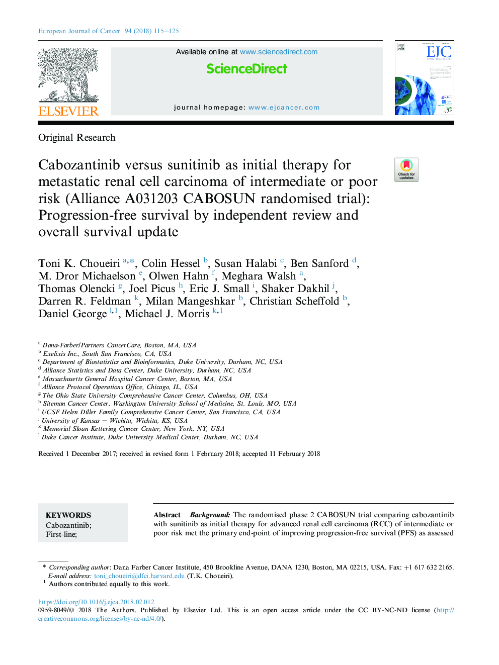 Cabozantinib versus sunitinib as initial therapy for metastatic renal cell carcinoma of intermediate or poor risk (Alliance A031203 CABOSUN randomised trial): Progression-free survival by independent review and overall survival update