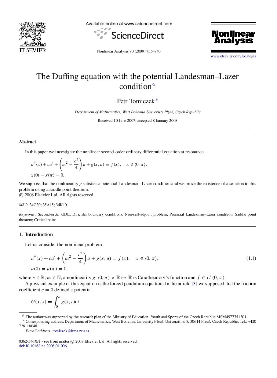 The Duffing equation with the potential Landesman–Lazer condition 