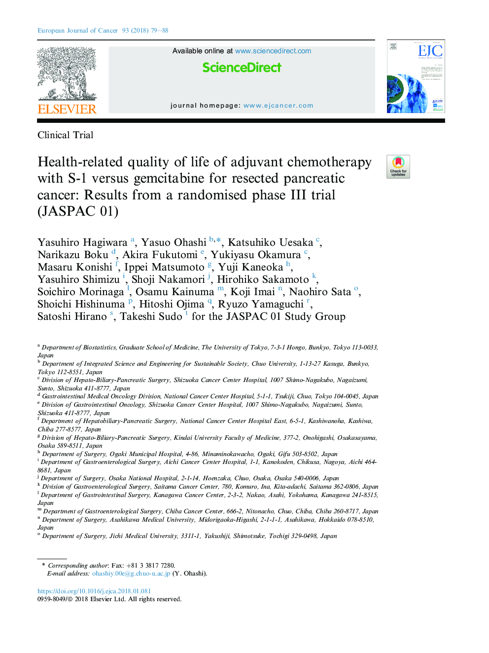 Health-related quality of life of adjuvant chemotherapy with S-1 versus gemcitabine for resected pancreatic cancer: Results from a randomised phase III trial (JASPAC 01)