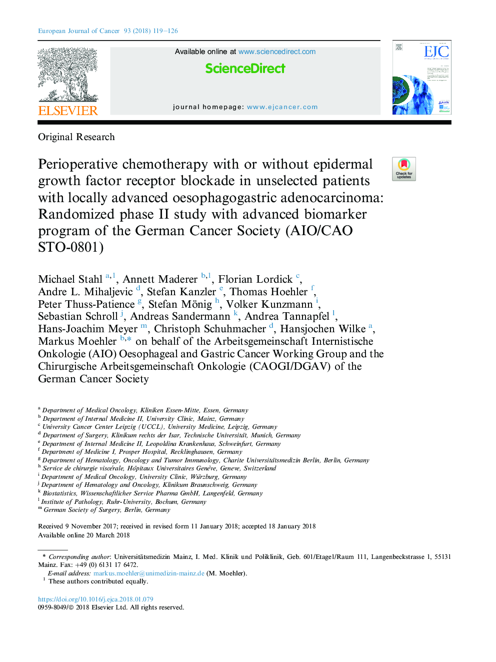 Perioperative chemotherapy with or without epidermal growth factor receptorÂ blockade in unselected patients with locally advanced oesophagogastric adenocarcinoma: Randomized phase II study with advanced biomarker program of the German Cancer Society (AIO