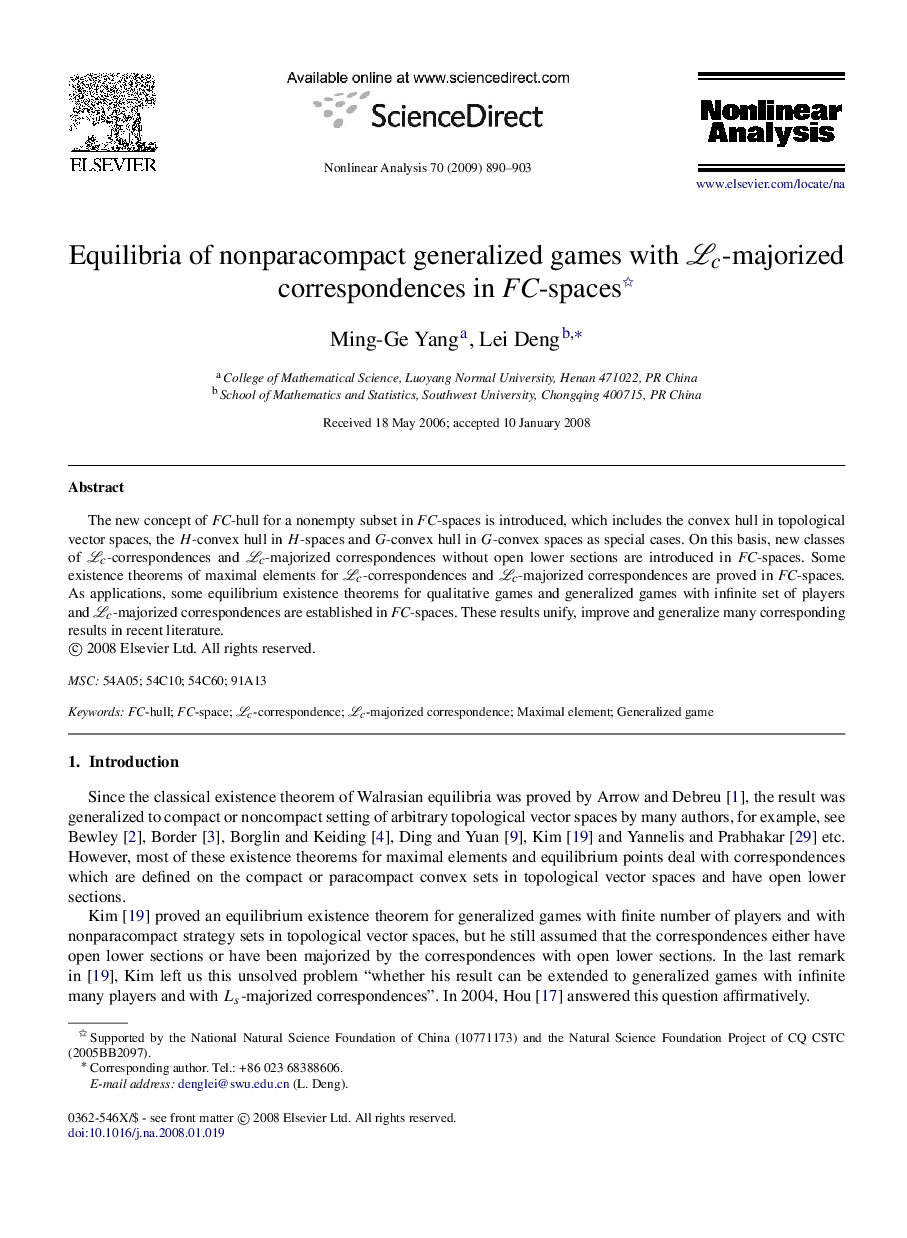 Equilibria of nonparacompact generalized games with ℒcℒc-majorized correspondences in FC-spaces 