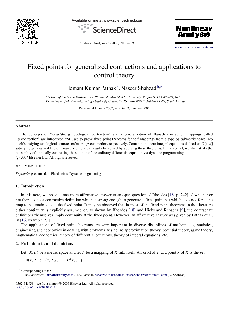 Fixed points for generalized contractions and applications to control theory