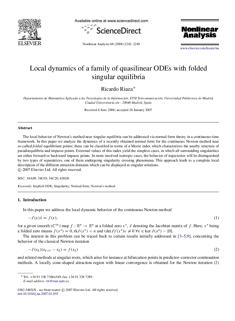 Local dynamics of a family of quasilinear ODEs with folded singular equilibria