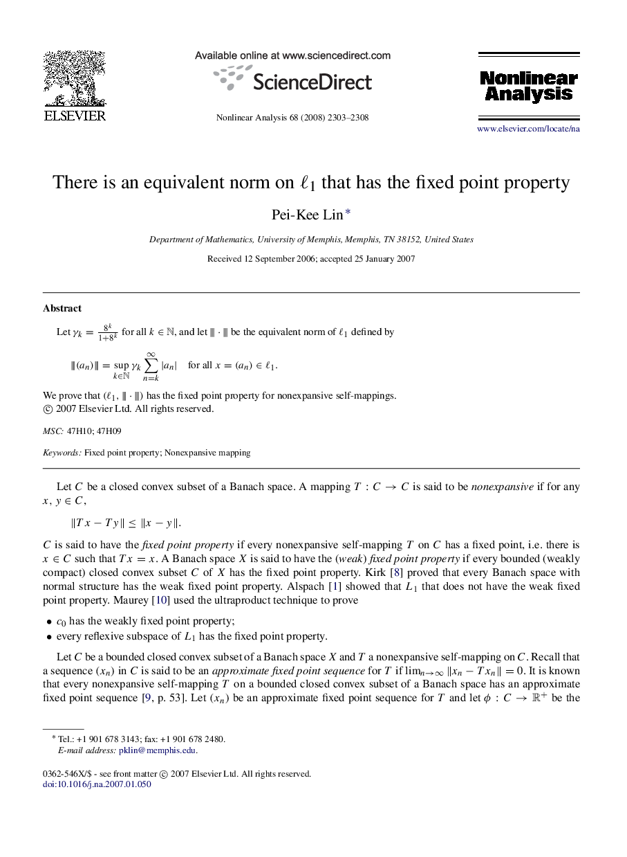 There is an equivalent norm on ℓ1ℓ1 that has the fixed point property